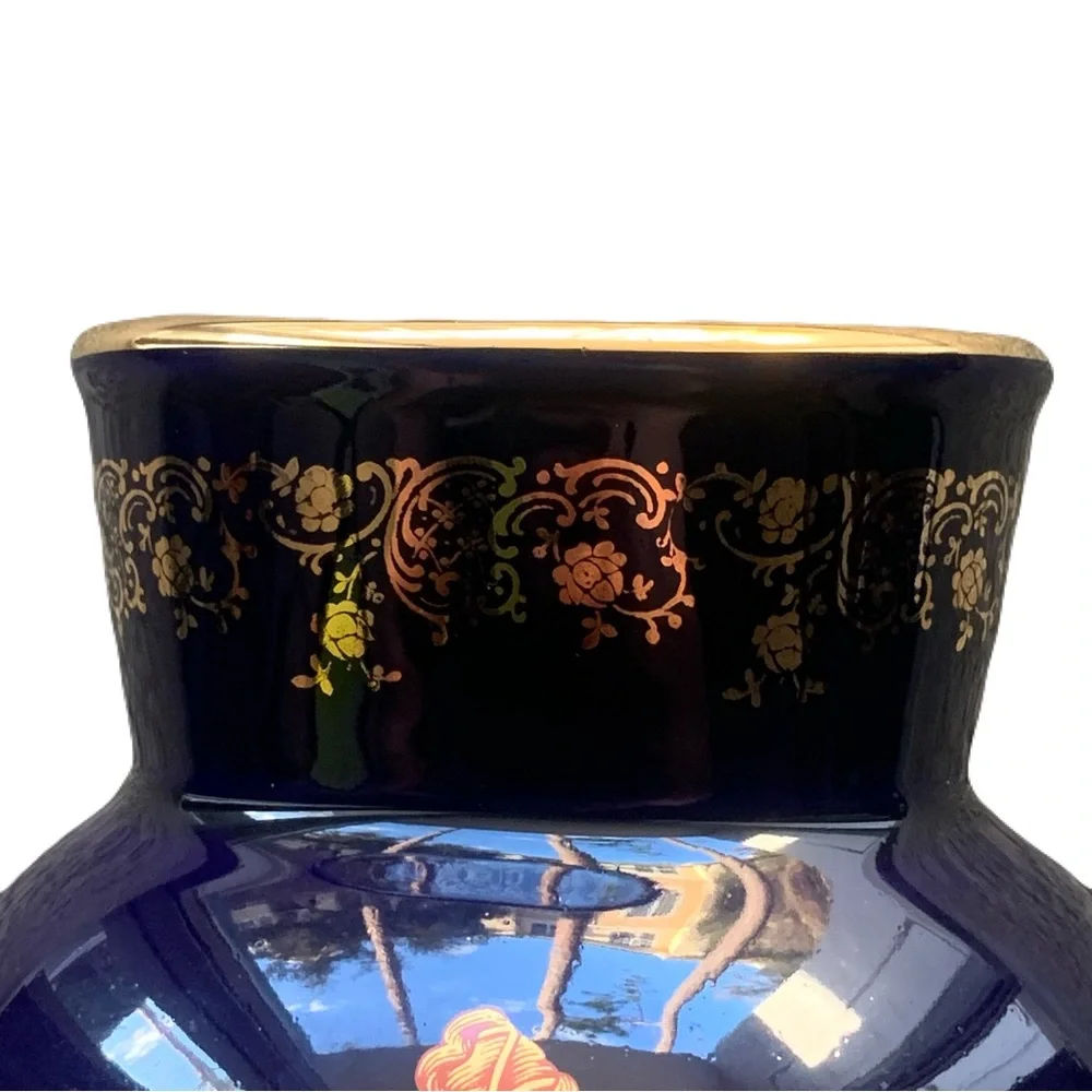 Vintage Limoges France Cobalt Gilded Gold Porcelain Vase Approx 8.25” Romantic
